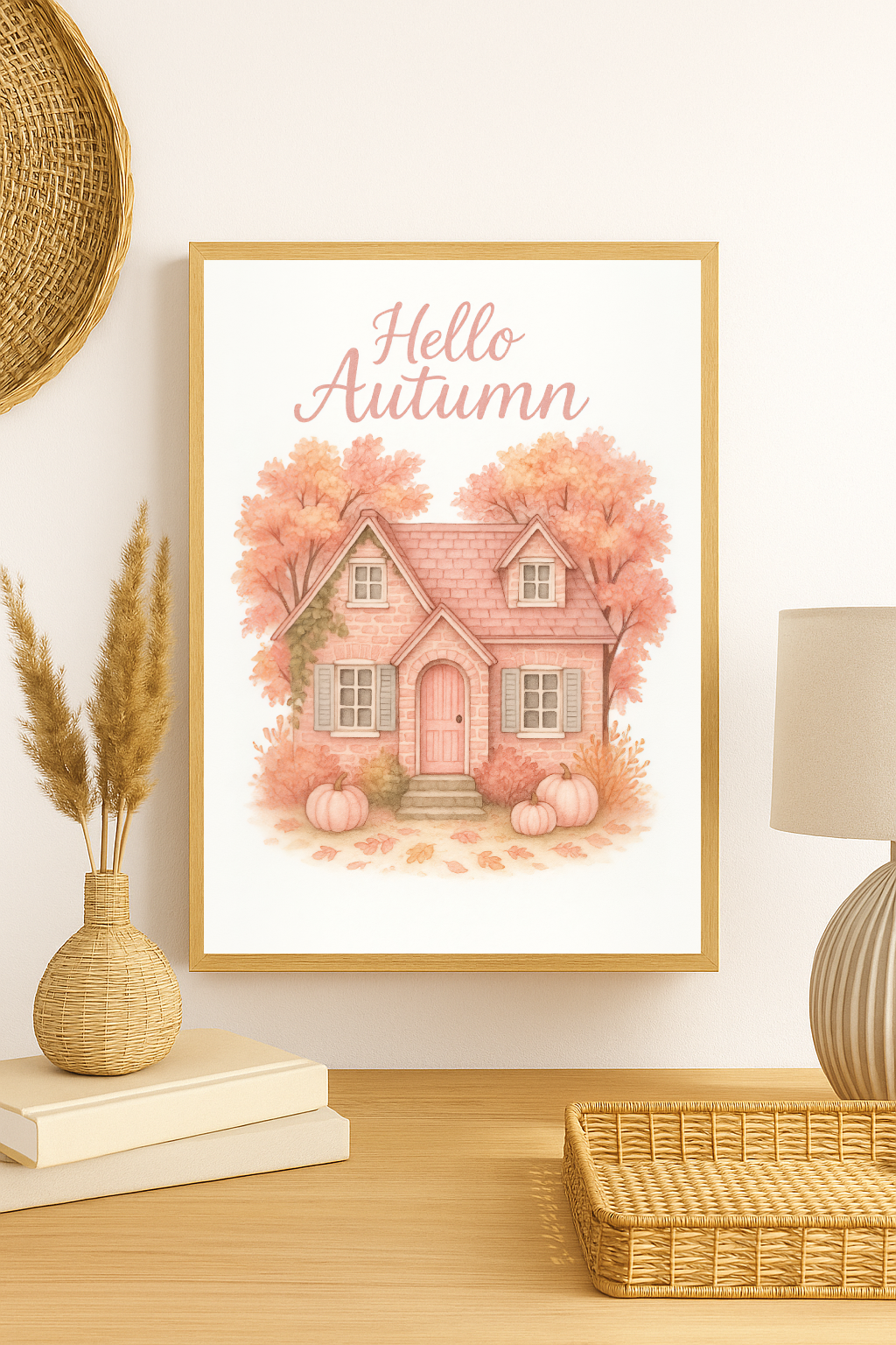 Hello Autumn Cozy Pink Cottage with Pumpkins & Fall Foliage Wall Art