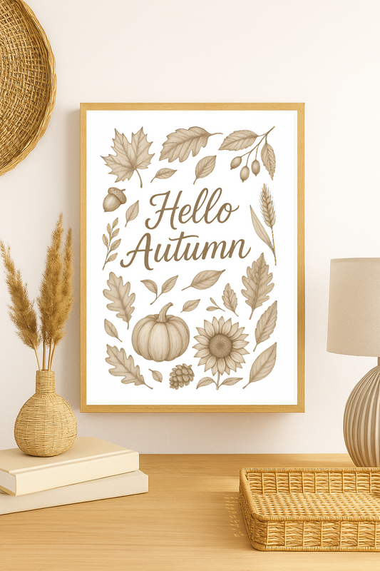 Hello Autumn Neutral Wall Art – Pumpkin, Sunflower & Fall Leaves Print in Minimalist Farmhouse Style