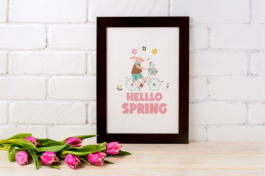Hello Spring Bunny On Bike Spring Easter Seasonal Wall Home Decor Print