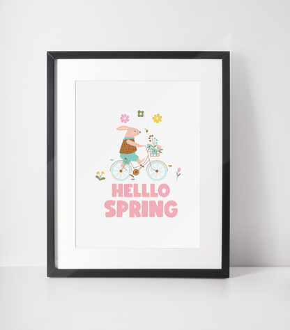 Hello Spring Bunny On Bike Spring Easter Seasonal Wall Home Decor Print