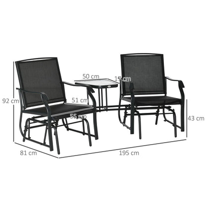 Garden Double Glider Rocking Chairs Metal Gliding Love Seat with Middle Table Conversation Set Patio Backyard Relax Outdoor Furniture Black