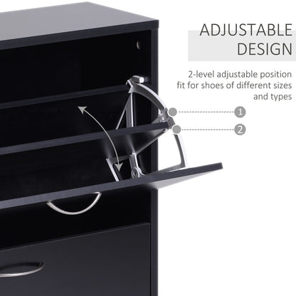 Shoe Cabinet Storage Cupboard 2-Tier Wood Tipping Bucket Modern Hall Organizer With Drawer Adjustable Shelf Large-Capacity Black