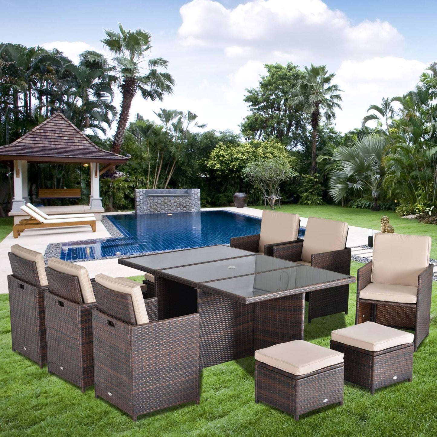 Outdoor 11pc Rattan Garden Furniture Patio Dining Set 10-seater Cube Sofa Weave Wicker 6 Chairs 4 Footrests & 1 Table Mixed Brown