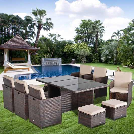 Outdoor 11pc Rattan Garden Furniture Patio Dining Set 10-seater Cube Sofa Weave Wicker 6 Chairs 4 Footrests & 1 Table Mixed Brown