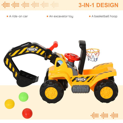 Kids Ride On Excavator Digger w/ Storage Basketball Net Steering NO POWER Wheel Vehicle Truck Toy