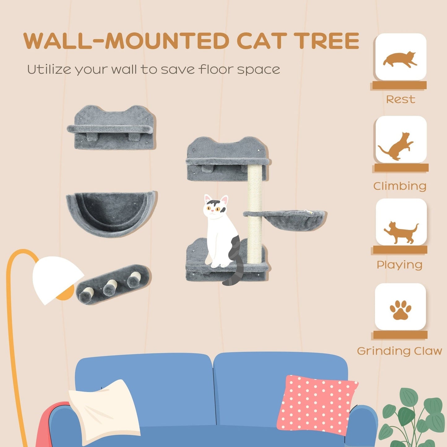 PawHut 4-Piece Wall-Mounted Cat Shelves w/ Scratching Post