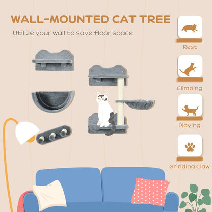 PawHut 4-Piece Wall-Mounted Cat Shelves w/ Scratching Post