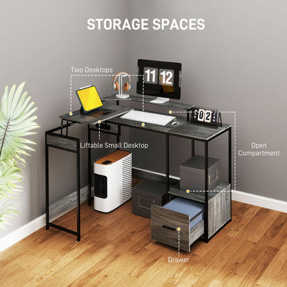 HOMCOM L Shaped Desk, Computer Table with Liftable Desktop, Charcoal