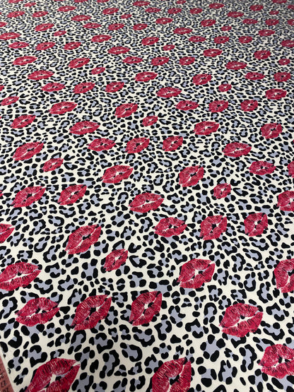 Leopard Print Fabric with Pink Lip Pattern