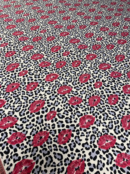 Leopard Print Fabric with Pink Lip Pattern – Available in Satin, Crepe, Spandex & Chiffon | By Metre
