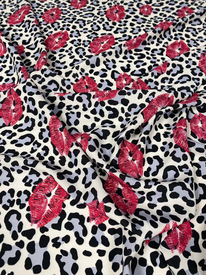 Leopard Print Fabric with Pink Lip Pattern – Available in Satin, Crepe, Spandex & Chiffon | By Metre