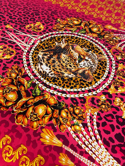 Fuchsia Leopard Baroque Pattern Fabric – Fabric by Metre, Options: Satin, Crepe, Spandex, Chiffon
