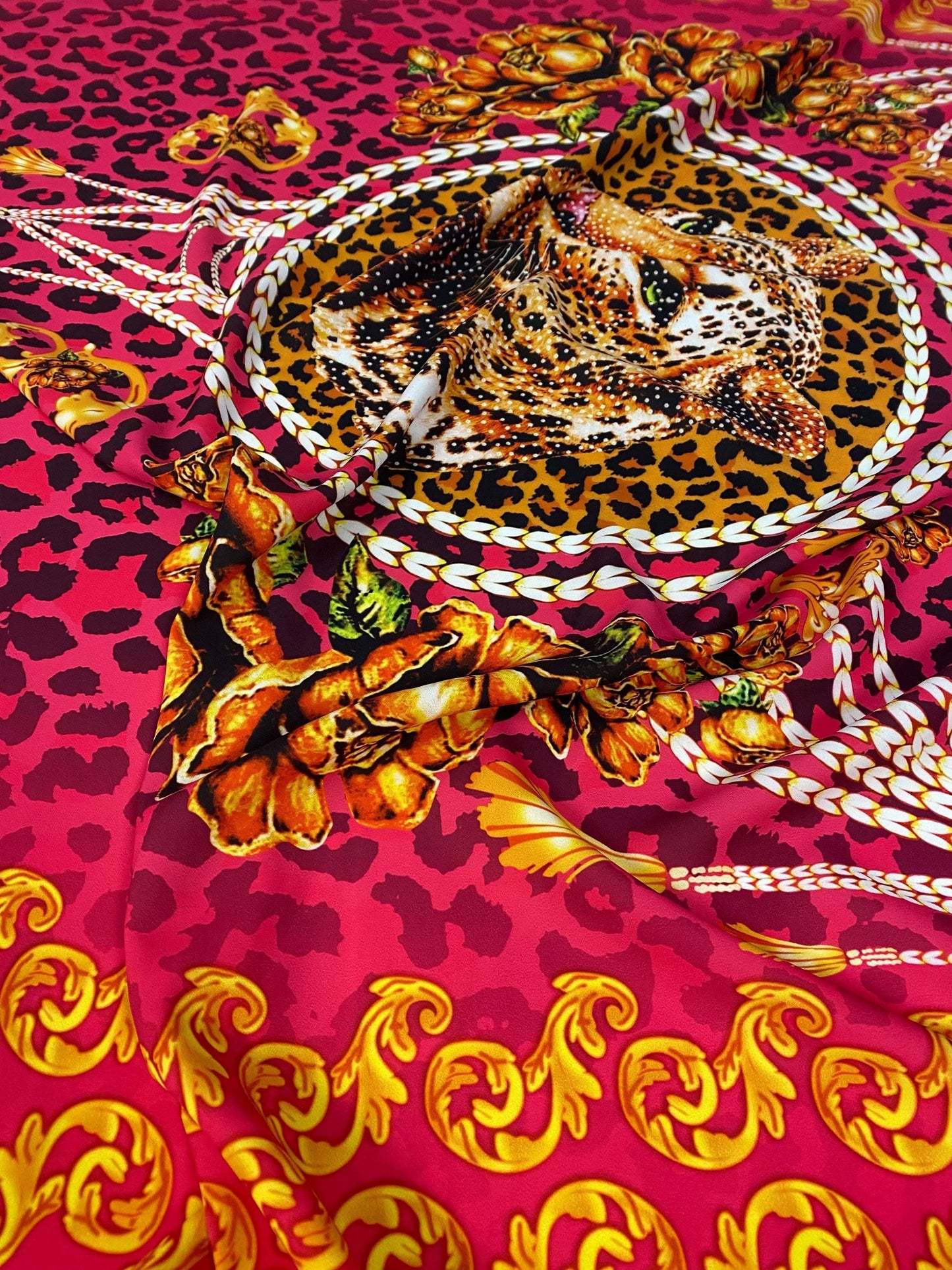 Fuchsia Leopard Baroque Pattern Fabric – Fabric by Metre, Options: Satin, Crepe, Spandex, Chiffon
