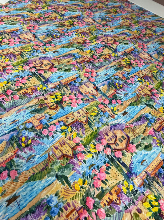 Watercolor Coastal Village Print Fabric – Available in Satin, Crepe, Spandex & Chiffon | By Metre