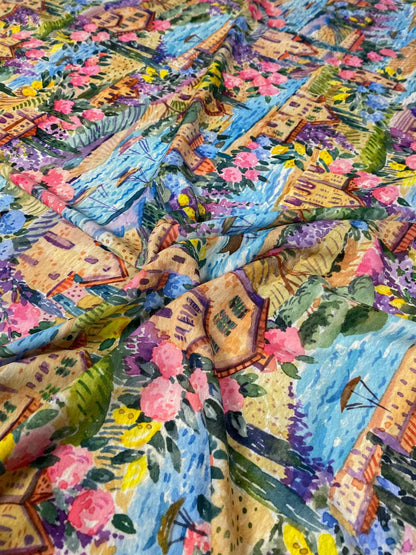 Watercolor Coastal Village Print Fabric – Available in Satin, Crepe, Spandex & Chiffon | By Metre