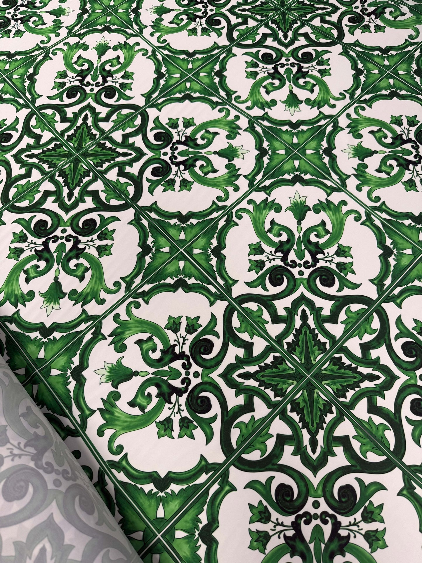Green Baroque Tile Pattern Fabric – Fabric by Metre, Multiple Options for Sewing & Dressmaking