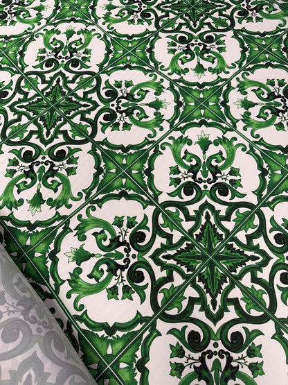 Green Baroque Tile Pattern Fabric – Fabric by Metre, Multiple Options for Sewing & Dressmaking
