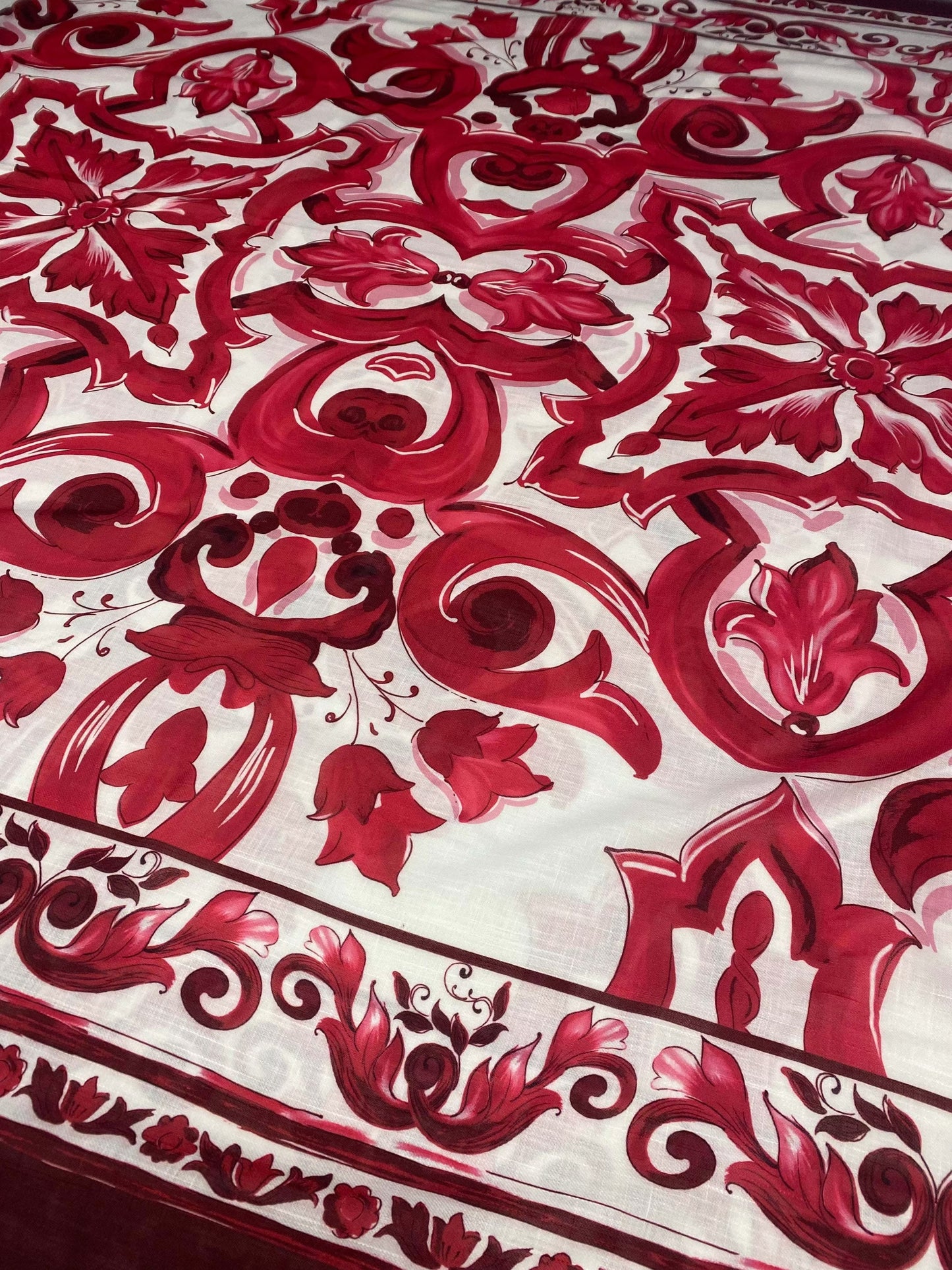 Red Baroque Pattern Linen Fabric for Upholstery and Crafts