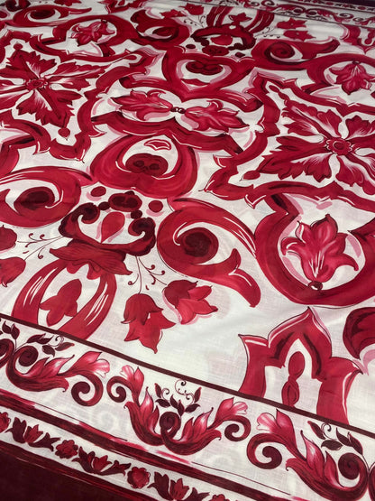 Red Baroque Pattern Linen Fabric for Upholstery and Crafts