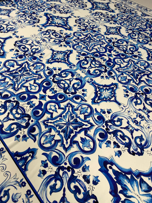 Blue and White Majolica Tile Print Fabric – Custom Printed Fabric, Choose Material by Metre