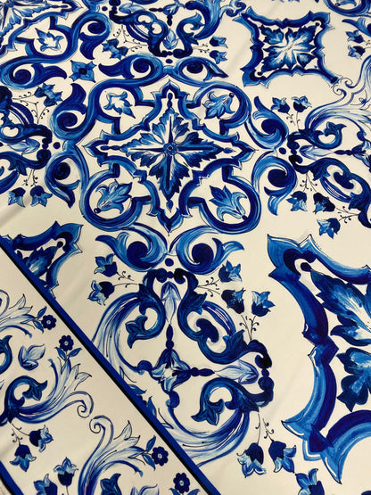 Blue and White Majolica Tile Print Fabric – Custom Printed Fabric, Choose Material by Metre