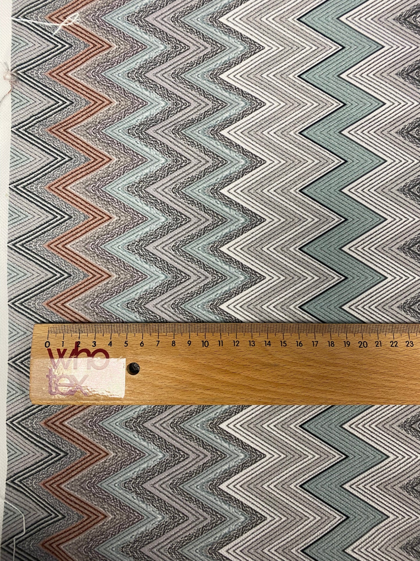 Geometric Chevron Pattern Fabric – Soft Textured Knit in Mint, Black & Rust Tones for Apparel and Home Decor