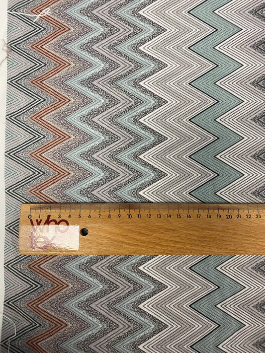 Geometric Chevron Pattern Fabric – Soft Textured Knit in Mint, Black & Rust Tones for Apparel and Home Decor