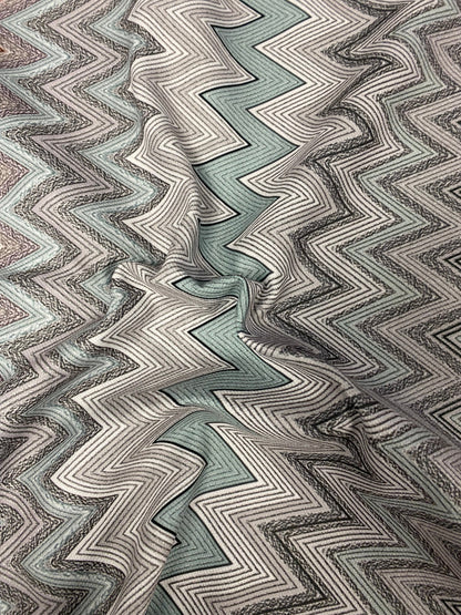 Geometric Chevron Pattern Fabric – Soft Textured Knit in Mint, Black & Rust Tones for Apparel and Home Decor