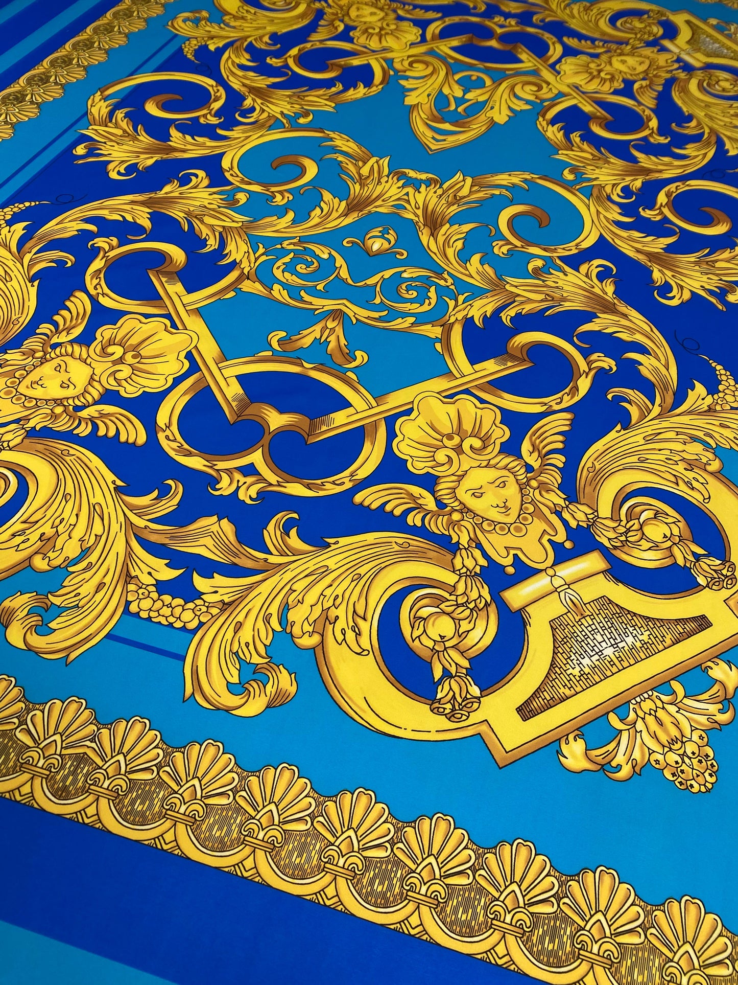 Blue & Gold Baroque Crepe Fabric by the Metre – Luxury