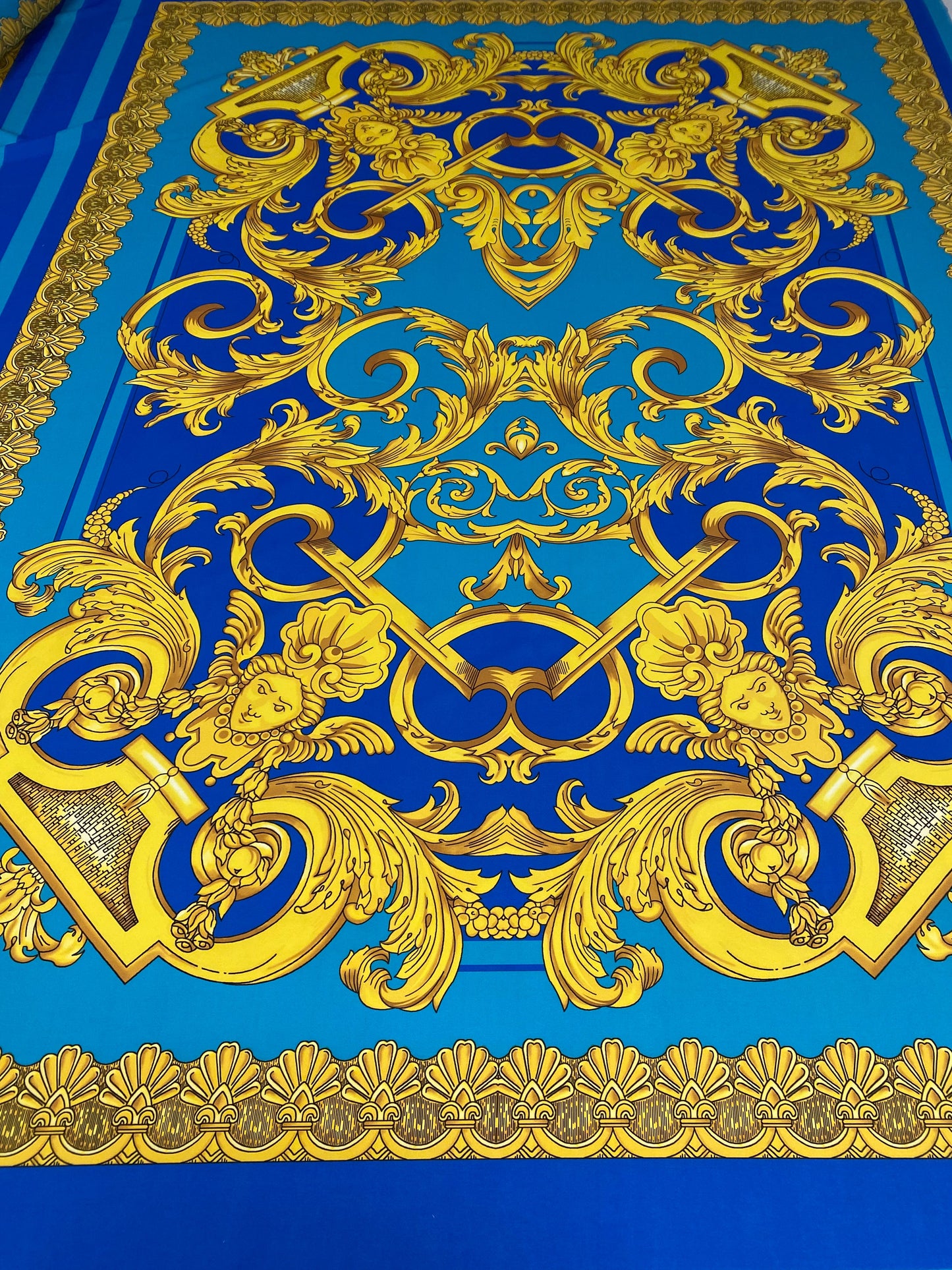 Blue & Gold Baroque Crepe Fabric by the Metre – Luxury