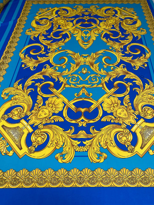 Blue & Gold Baroque Crepe Fabric by the Metre – Luxury