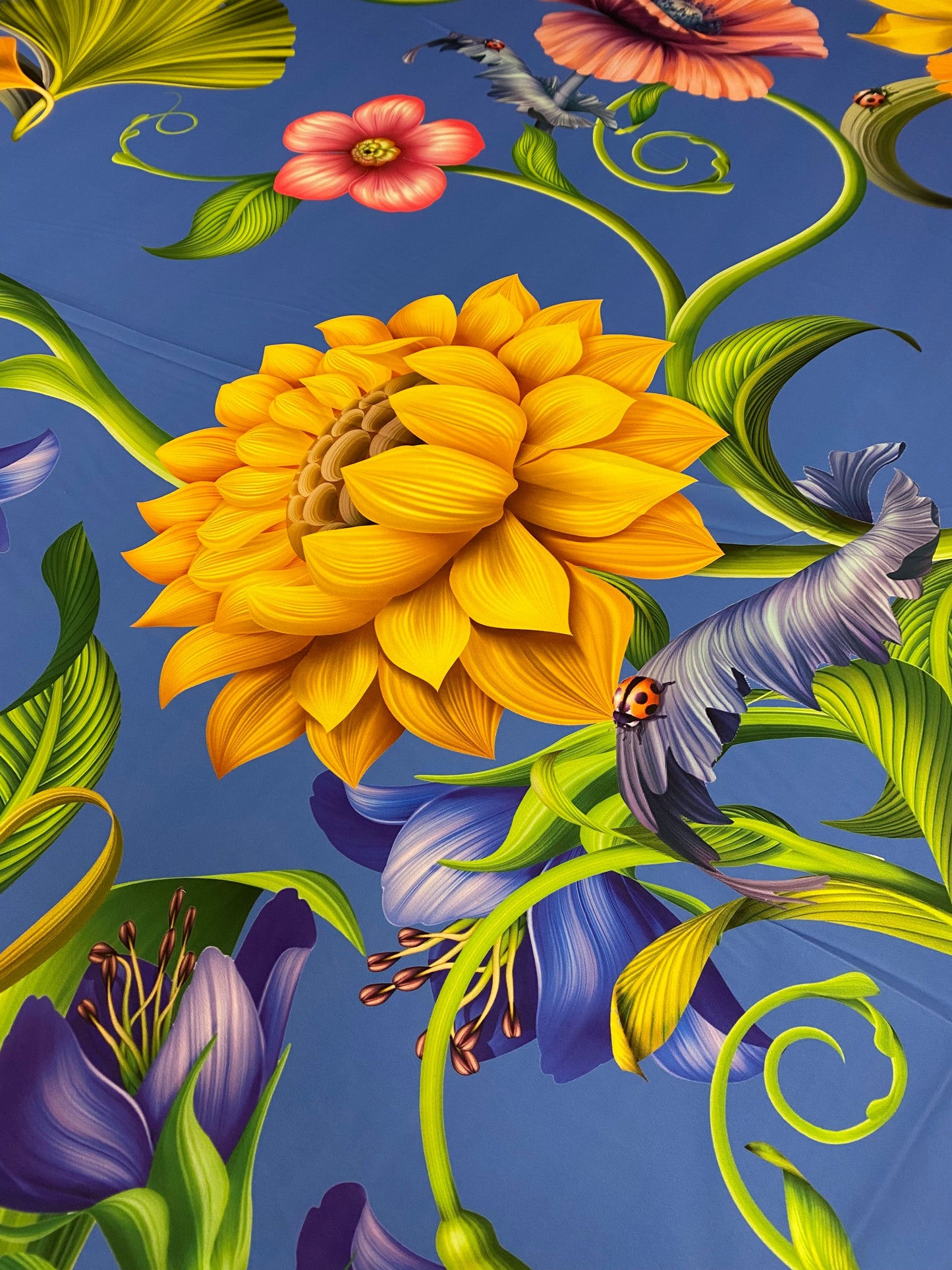 Vibrant Floral Crepe Fabric by the Metre – Blue Sunflower