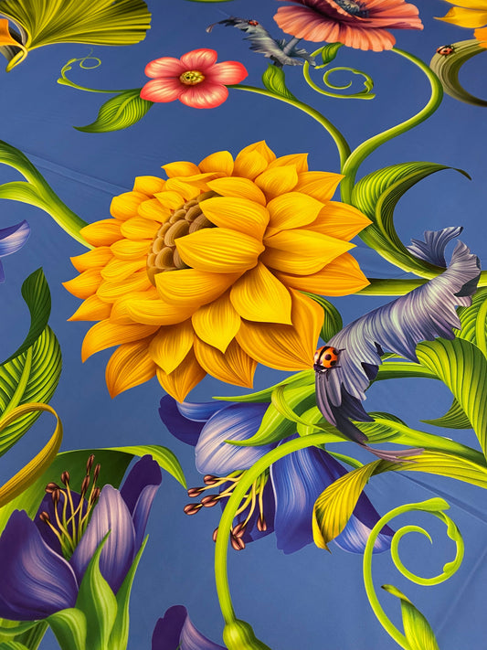 Vibrant Floral Crepe Fabric by the Metre – Blue Sunflower