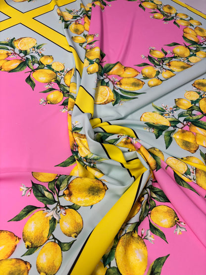 Pink Lemon Print Satin Fabric by the Metre – Mediterranean Summer