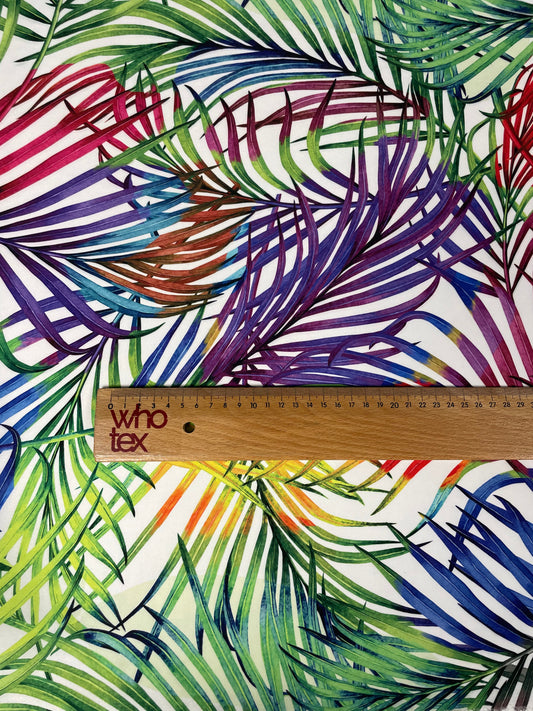 Tropical Multicolour Leaf Print Satin Fabric by the Metre