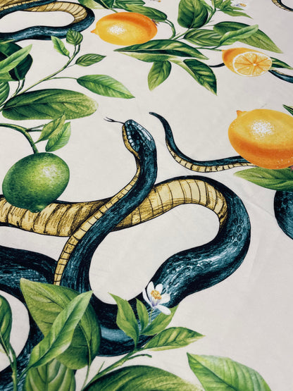 White Satin Fabric with Snake & Citrus Fruit Design