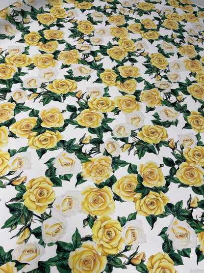 White Satin Fabric with Yellow Rose Floral Print