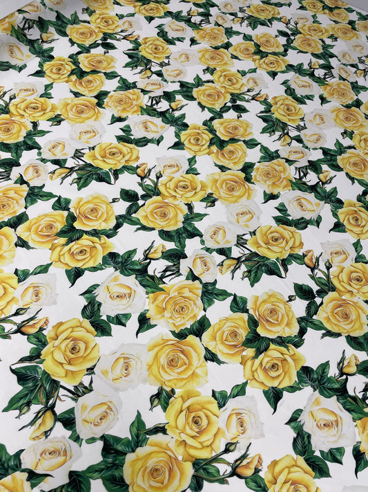 White Satin Fabric with Yellow Rose Floral Print