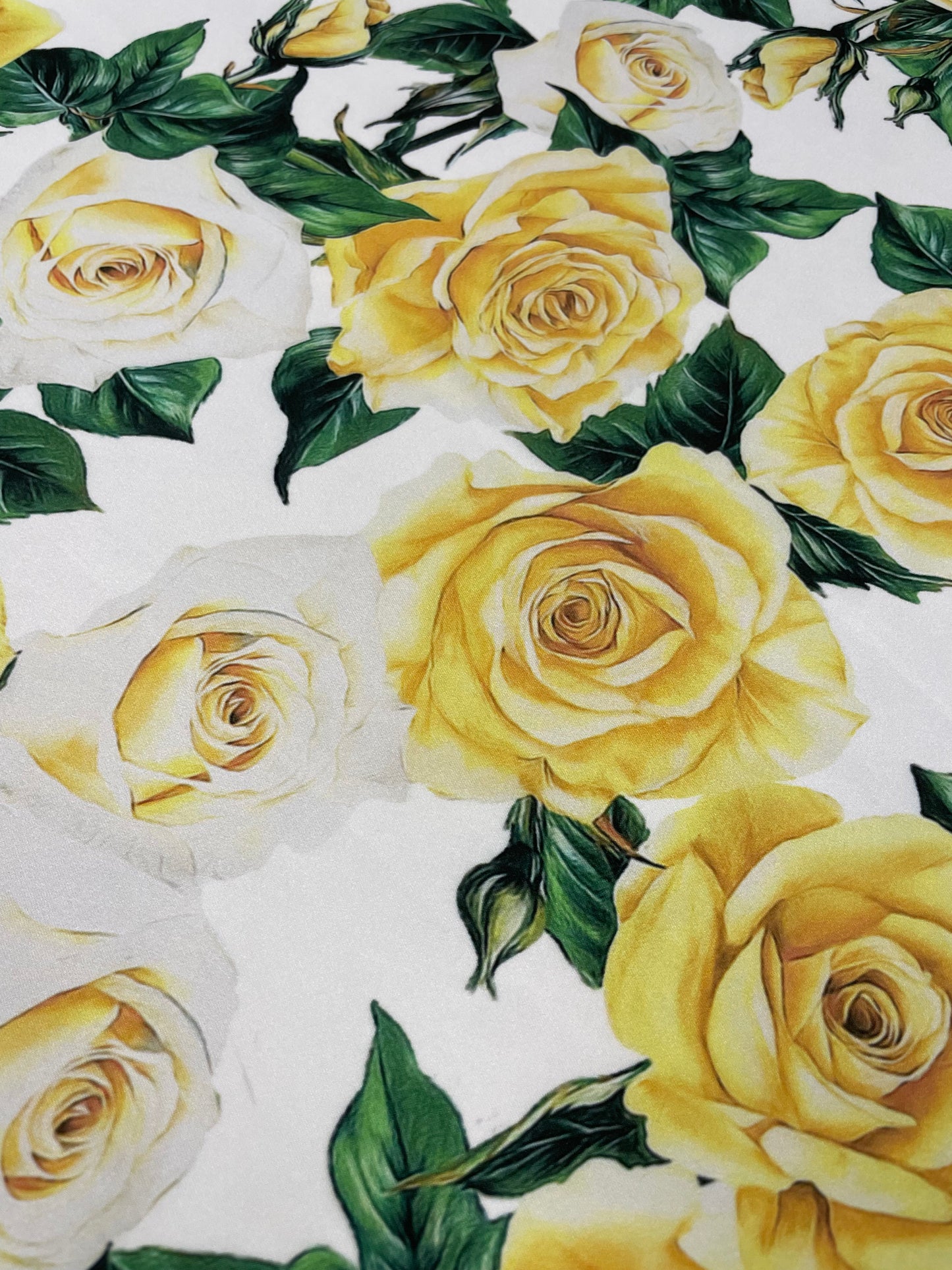 White Satin Fabric with Yellow Rose Floral Print