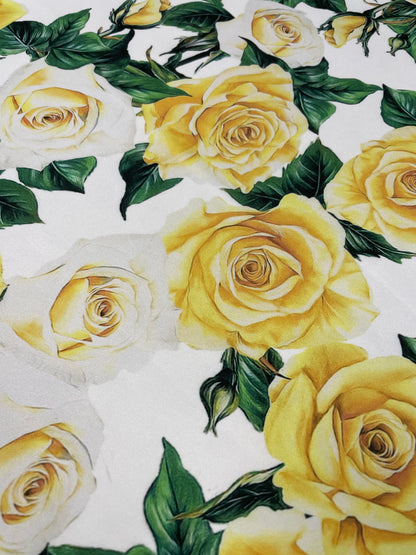 White Satin Fabric with Yellow Rose Floral Print