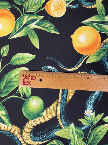 Black Satin Fabric with Snake & Citrus Print
