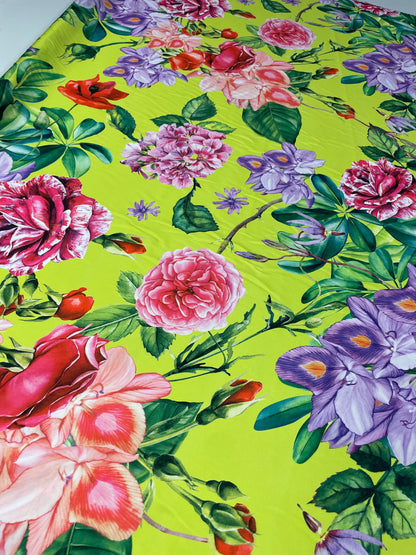 Lime Green Satin Fabric with Bold Floral Print