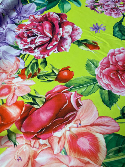 Lime Green Satin Fabric with Bold Floral Print