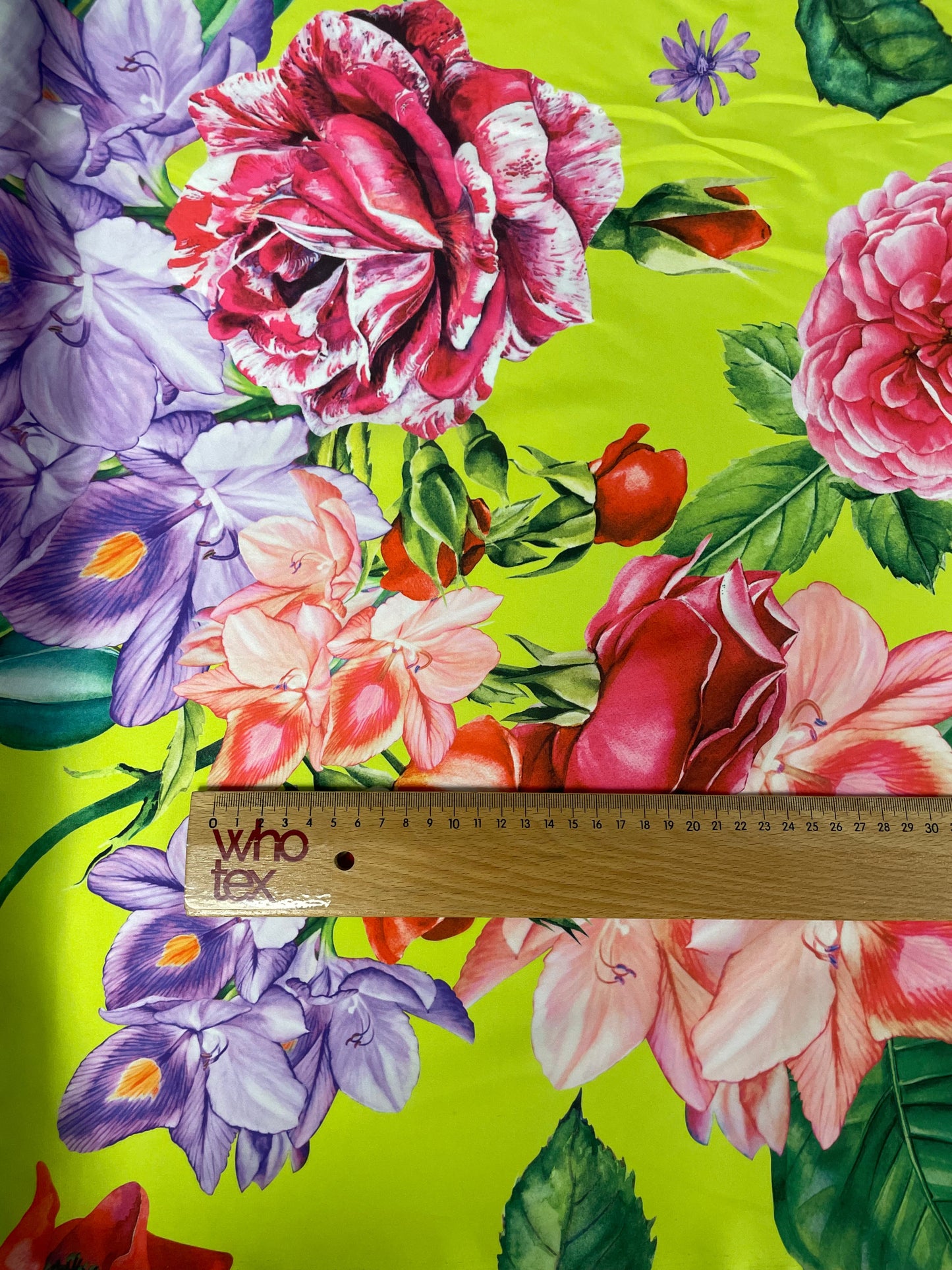 Lime Green Satin Fabric with Bold Floral Print