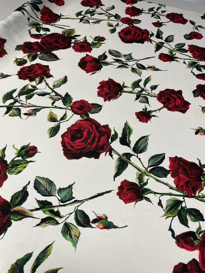 White Satin Fabric with Red Rose Floral Print