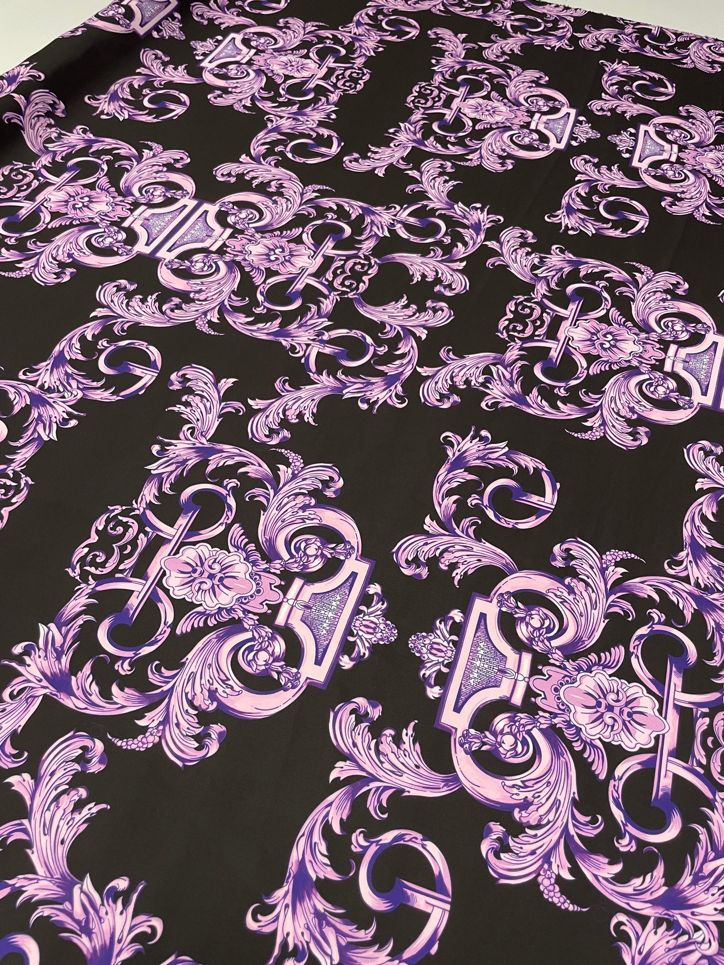 Black Satin Fabric with Purple Baroque Pattern