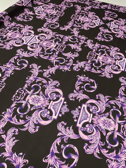 Black Satin Fabric with Purple Baroque Pattern