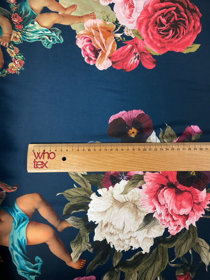 Black Satin Fabric with Floral & Cherub Print