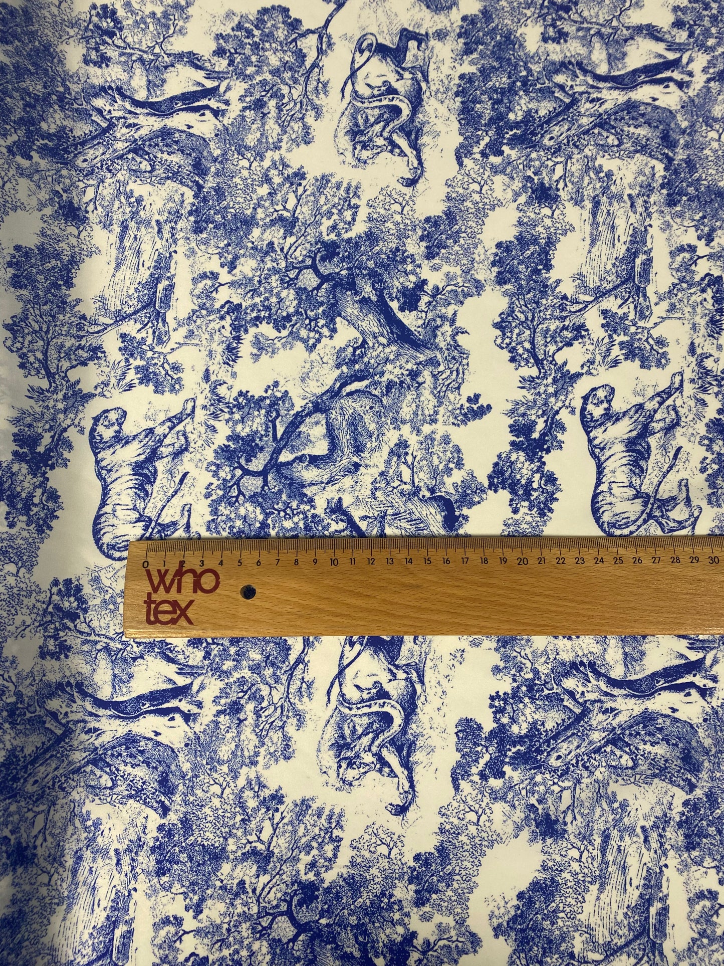 Blue Toile de Jouy Print Fabric on White Satin