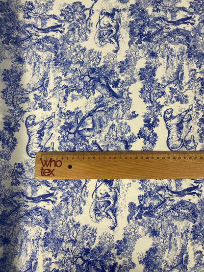 Blue Toile de Jouy Print Fabric on White Satin